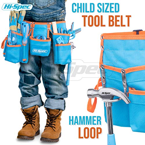 Hi-Spec Cinturón de Herramientas Azul para Niños de 16 Piezas. Herramientas Reales de Metal para niños y Principiantes. Incluye Herramientas Manuales, Herramientas de Medicion, Guantes, Gafas y más