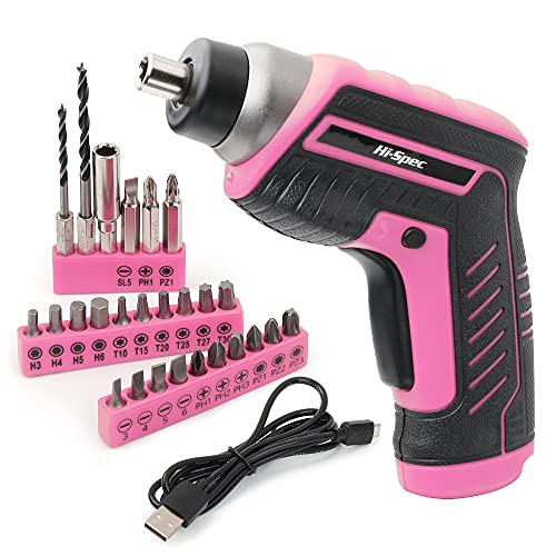 Hi-Spec Destornillador Electrico Rosa de 3,6 V Con Puerto USB. Atornillador Inalambrico a bateria -Recargable 1300 mAh- incluye Juego de Puntas de 27 Piezas Para Tornillos. Herramientas de Bricolaje.