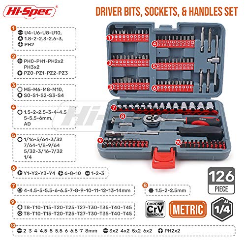 Hi-Spec Juego de Llaves de Vaso y Puntas Atornillador. 126 Piezas Kit Herramientas con 14 Vasos / Dados metricos y 84 Puntas para Destornillador de Precisión. Con Llave Carraca y Maletin de Transporte