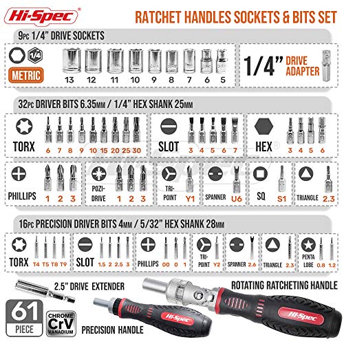 Hi-Spec Juego de Puntas para Destornilladores/Atornilladores de Precision con Mango de Trinquete. 61 piezas. Kit de Herramientas para Reparación de Computadoras, PC, Celular, y otros Electrónicos.