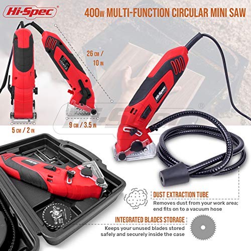 Hi-Spec Mini Sierra Circular Multifunción de 400W con Guía de Profundidad, Protector de Cuchilla, Tubo de Polvo Y 6 Cuchillas para Cortes Rectos o Profundos en Azulejos, Ideal para Madera Dura