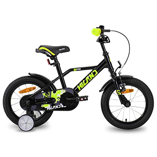 HILAND Adler Bicicleta Infantil de 16 Pulgadas para niños a Partir de 4 años, con ruedines, Freno de Mano y Freno de contrapedal, Color Negro y Verde