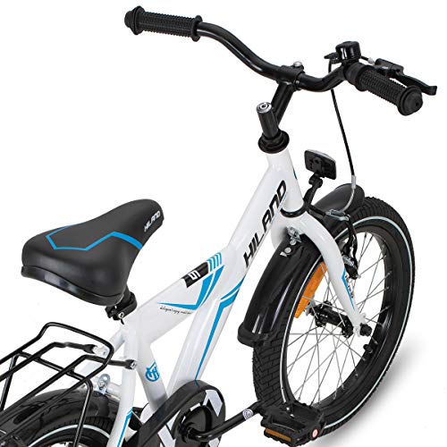 HILAND Bicicleta Infantil de 18 Pulgadas para niños a Partir de 5 años, con Asiento Trasero y portaequipajes, Freno de Mano y Freno de contrapedal, Color Blanco y Azul…