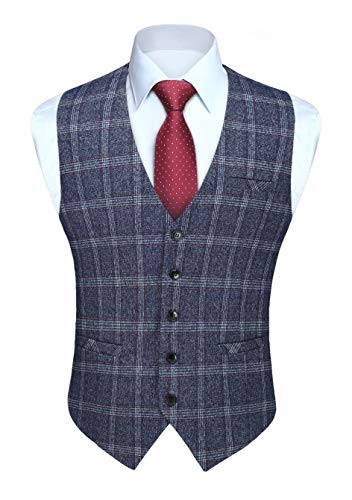 HISDERN Chalecos de cuadros para hombre Chaleco de cuadros clásico formal Chaleco de traje de pata de gallo de boda de algodón Azul XL