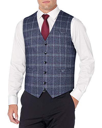 HISDERN Chalecos de cuadros para hombre Chaleco de cuadros clásico formal Chaleco de traje de pata de gallo de boda de algodón Azul XL