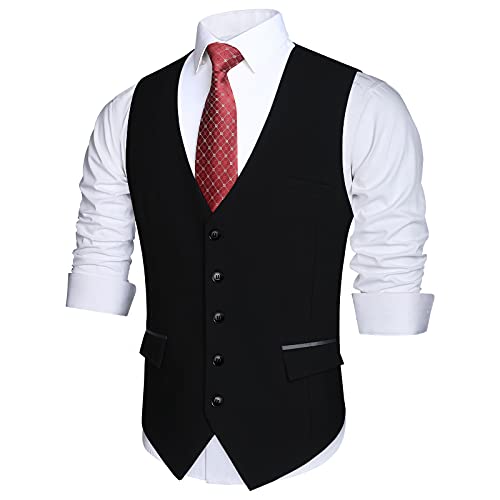 HISDERN Chalecos Negro para Hombre de Vestir Formal Chaleco de Boda Clásico chaleco traje de Negocios fiesta Casual con Bolsillos M