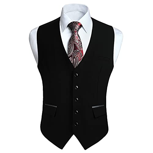 HISDERN Chalecos Negro para Hombre de Vestir Formal Chaleco de Boda Clásico chaleco traje de Negocios fiesta Casual con Bolsillos M