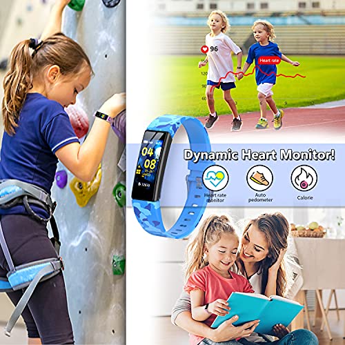 HOFIT Pulsera Actividad para Niños, Reloj Inteligente con Podómetros, Monitor de Frecuencia Cardíaca y Sueño, Cronómetro, Pulsera Deportiva Banda Inteligente con 2 Pulseras (Azul Camuflaje)