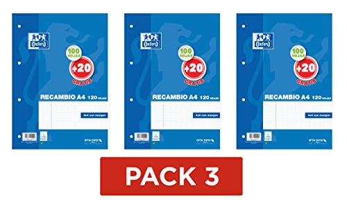 Hojas cuadriculadas A4 Recambio Oxford, Pack de 3 unidades, 100 + 20 hojas, Cuadrícula 4 x 4 [Exclusiva Amazon]