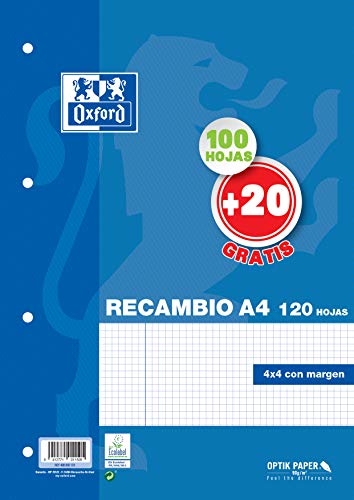 Hojas cuadriculadas A4 Recambio Oxford, Pack de 3 unidades, 100 + 20 hojas, Cuadrícula 4 x 4 [Exclusiva Amazon]