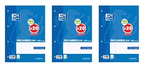 Hojas cuadriculadas A4 Recambio Oxford, Pack de 3 unidades, 100 + 20 hojas, Cuadrícula 4 x 4 [Exclusiva Amazon]