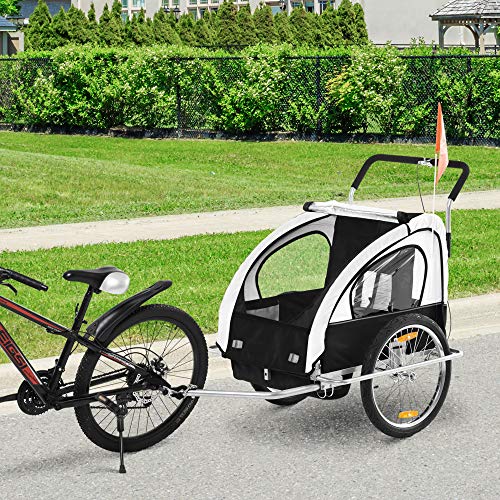 HOMCOM 2 en 1 Remolque de Bicicleta para Niños de 2 Plazas con Amortiguadores Convertible en Carro para Correr con Barra y Kit de Footing 129x85x105cm Blanco