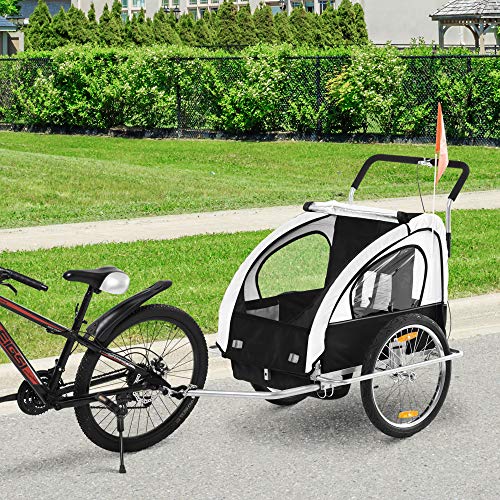 HOMCOM 2 en 1 Remolque de Bicicleta para Niños de 2 Plazas con Amortiguadores Convertible en Carro para Correr con Barra y Kit de Footing 129x85x105cm Blanco