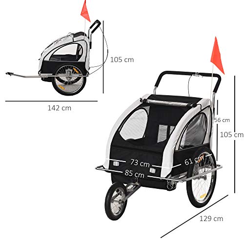 HOMCOM 2 en 1 Remolque de Bicicleta para Niños de 2 Plazas con Amortiguadores Convertible en Carro para Correr con Barra y Kit de Footing 129x85x105cm Blanco