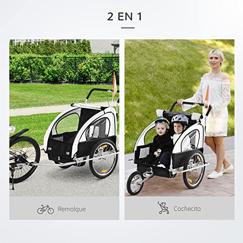 HOMCOM 2 en 1 Remolque de Bicicleta para Niños de 2 Plazas con Amortiguadores Convertible en Carro para Correr con Barra y Kit de Footing 129x85x105cm Blanco