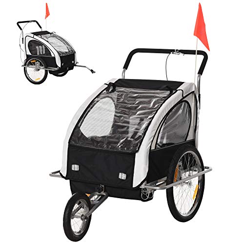 HOMCOM 2 en 1 Remolque de Bicicleta para Niños de 2 Plazas con Amortiguadores Convertible en Carro para Correr con Barra y Kit de Footing 129x85x105cm Blanco