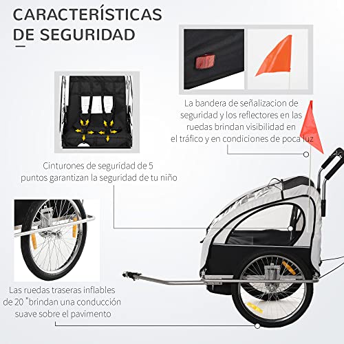 HOMCOM 2 en 1 Remolque de Bicicleta para Niños de 2 Plazas con Amortiguadores Convertible en Carro para Correr con Barra y Kit de Footing 129x85x105cm Blanco