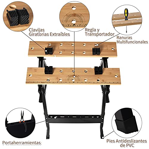 HOMCOM Banco de Trabajo Plegable Portátil con Tableros Ajustables en Ángulo y Distancia Bambú y Acero Carga Máx. 150 kg 63,5x60,5x78 cm Madera Natural y Negro