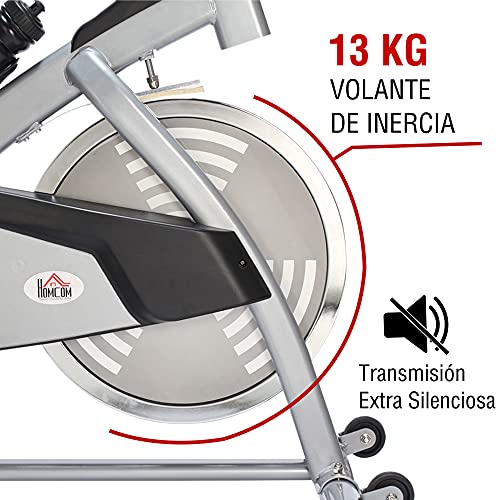 HOMCOM Bicicleta Estática de Ejercicio con Sillín Ajustable Volante de Inercia de 13kg Resistencia Manillar Regulables Pantalla LCD 96x50x107cm Acero Plata