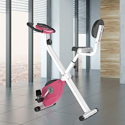 HOMCOM Bicicleta Estática para Ejercicios Profesional Bicicleta Vertical Plegable de Forma X con 8 Niveles Resistencia Magnética Asiento con Altura Ajustable Acero 43x97x109 cm Rosa