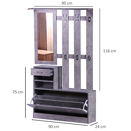 HOMCOM Conjunto de Muebles de Entrada Recibidor Pasillo Set de 3 Piezas Perchero Espejo Zapatero con Cajón 90x22x116cm Madera Gris