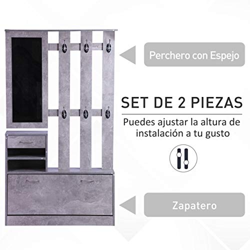 HOMCOM Conjunto de Muebles de Entrada Recibidor Pasillo Set de 3 Piezas Perchero Espejo Zapatero con Cajón 90x22x116cm Madera Gris