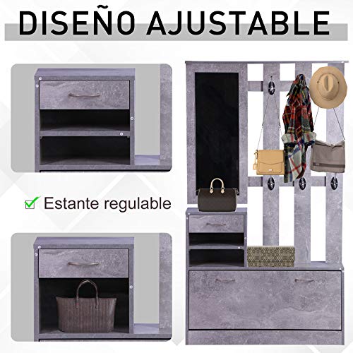 HOMCOM Conjunto de Muebles de Entrada Recibidor Pasillo Set de 3 Piezas Perchero Espejo Zapatero con Cajón 90x22x116cm Madera Gris