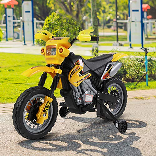 HOMCOM Moto Electrica Infantil Bateria 6V Recargable Niños 3-6 Años Cargador y Ruedas Apoyo Color Amarillo
