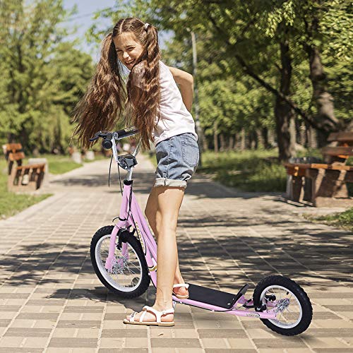 HOMCOM Patinete 125x58x92-100 cm 2 Ruedas 16/12 Pulgadas con 2 Frenos Scooter + Caballete Rosa