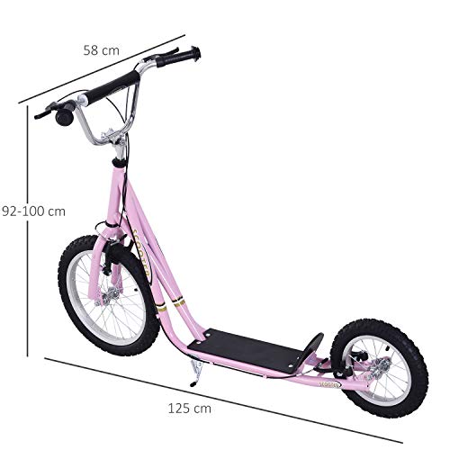 HOMCOM Patinete 125x58x92-100 cm 2 Ruedas 16/12 Pulgadas con 2 Frenos Scooter + Caballete Rosa