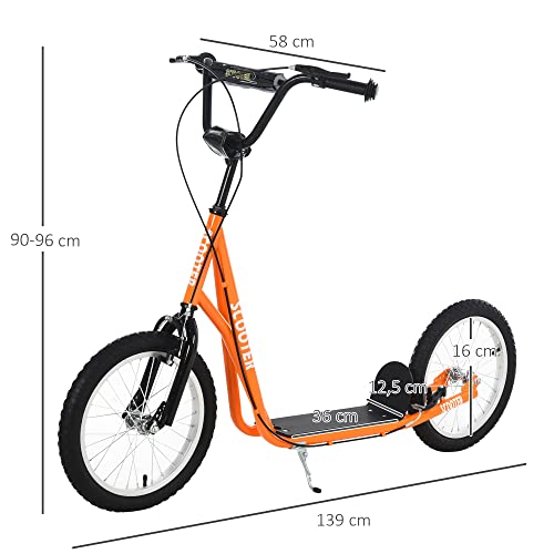 HOMCOM Scooter Patinete para Niños Mayores de 5 Años con Manillar Ajustable en Altura 2 Neumáticos de Caucho Inflable con Doble Freno Carga 100 kg 139x58x90-96 cm Naranja