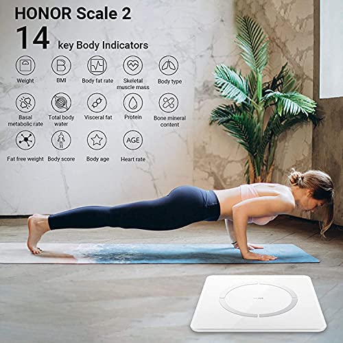HONOR Scale 2 Báscula de Baño 14 Medidas Esenciales Báscula Inteligente Digital con Pantalla LCD para Móviles Android（Blanco）