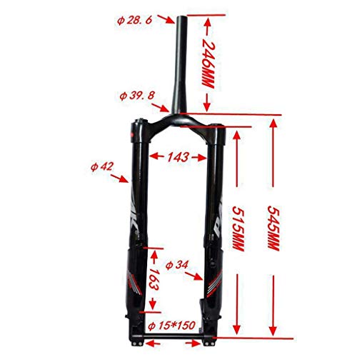 Horquilla de suspensión para bicicleta de nieve Amortiguador de aire de 26 pulgadas Horquilla invertida para bicicleta MTB Tubo cónico Carrera de 1-1/2 "Eje pasante de 160 mm Horquilla de suspensió