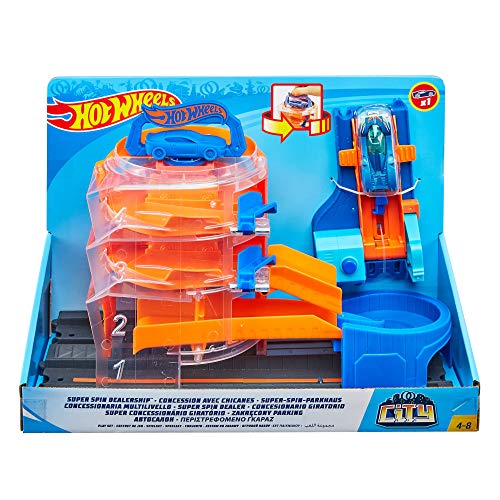 Hot Wheels GBF95 City Downtown Super Spin Dealership Playset, Multi-Colour