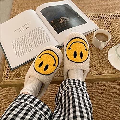 HSMG Smiley Face Soft Plush Comfy Warm Slippers For Women and Men Scuff Slip on Anti-Skid Sole Slippers (37/38,White)