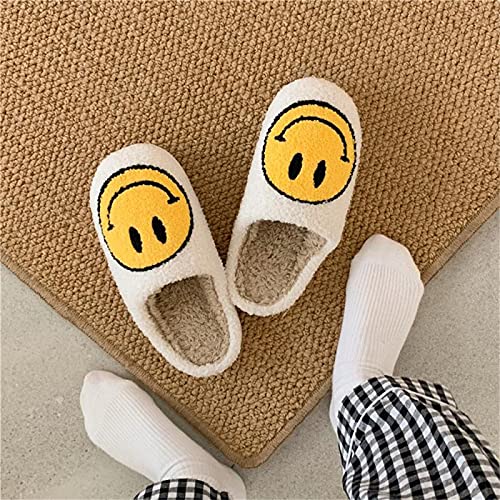 HSMG Smiley Face Soft Plush Comfy Warm Slippers For Women and Men Scuff Slip on Anti-Skid Sole Slippers (37/38,White)