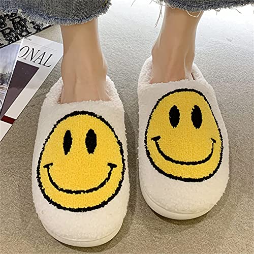HSMG Smiley Face Soft Plush Comfy Warm Slippers For Women and Men Scuff Slip on Anti-Skid Sole Slippers (37/38,White)