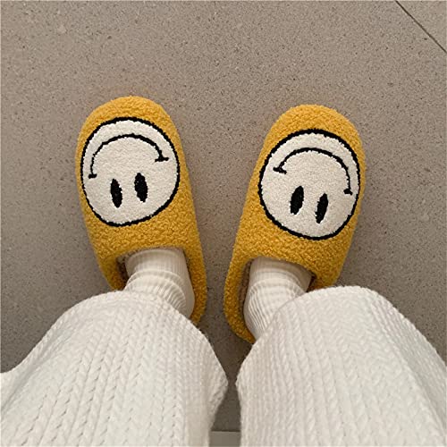 HSMG Smiley Face Soft Plush Comfy Warm Slippers For Women and Men Scuff Slip on Anti-Skid Sole Slippers (37/38,White)