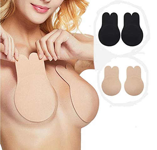 HTYA 2 Pairs Invisible Lift-Up Bra, Adhesive Bra Anti-Penetration Point Adhesive Bra, Breast Lift Tape Push Up Strapless Nipple Covers (XL-Diameter 13CM,Black+Skin Color)