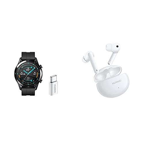 Huawei Watch GT2 Sport + USB-C - Smartwatch con Caja de 46 Mm (Pantalla Táctil Amoled de 1.39", Bluetooth), Negro Mate + HUAWEI FreeBuds 4i - Auriculares inalámbricos con micrófono Dual, Blanco