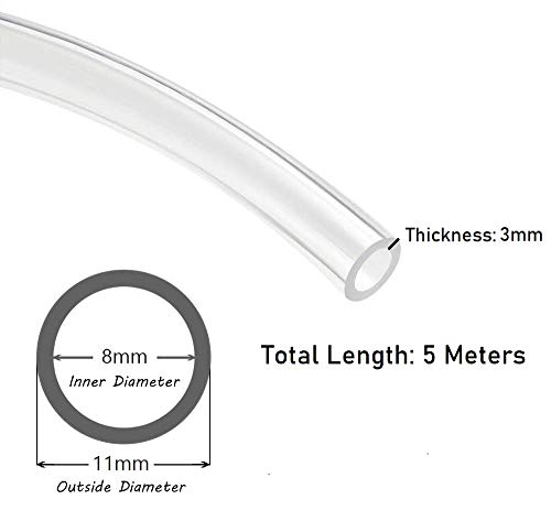 Hyber&Cara Tubo de PVC flexible transparente de grado alimentario de 8 mm de diámetro interior x 11 mm de diámetro exterior manguera de aire de 5 metros con 2 abrazaderas de manguera