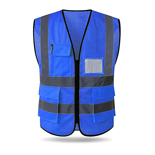 Hycoprot Chaleco de Seguridad Reflectante Alta Visibilidad Ropa de Trabajo Gerente Ejecutivo Chaqueta de Chaleco Cremallera Brace Seguridad Teléfono móvil Titular de ID de Bolsillo(M, Azul)