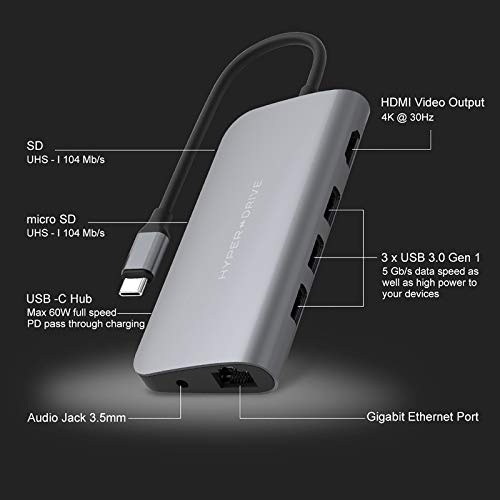 Hyperdrive Power - Hub USB C 9 en 1 con HDMI, Mini DP, 3 x USB 3.1, Gigabit Ethernet, USB C PD, ranura SD/Micro SD, Audio Jack para MacBook, Ultrabook, Chromebook y mayoría de dispositivos USB-C, gris