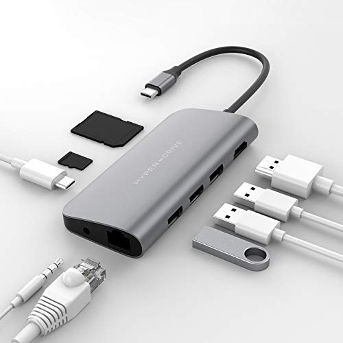 Hyperdrive Power - Hub USB C 9 en 1 con HDMI, Mini DP, 3 x USB 3.1, Gigabit Ethernet, USB C PD, ranura SD/Micro SD, Audio Jack para MacBook, Ultrabook, Chromebook y mayoría de dispositivos USB-C, gris