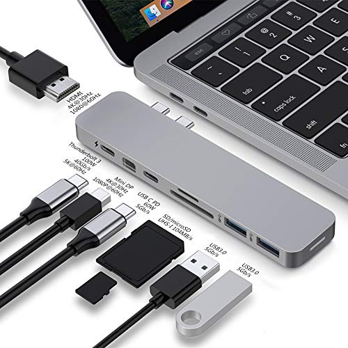 HyperDrive USB C Hub 8-en-2 Sanho Type C MacBook Pro Hub con HDMI Mini Displayport Thunderbolt 3 Power Delivery Lector de Tarjetas SD / Micro SD Adaptador Tipo C para MacBook Pro 2020 2019 Gris