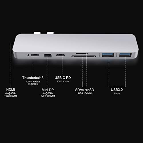 HyperDrive USB C MacBook Pro Hub 8-en-2 Type C Hub con puerto HDMI Mini Diaplay Thunderbolt 3 USB-C 3.1 Suministro de energía SD / MicroSD-Kartenleser para MacBook Pro y Air 13 "15" Astilla