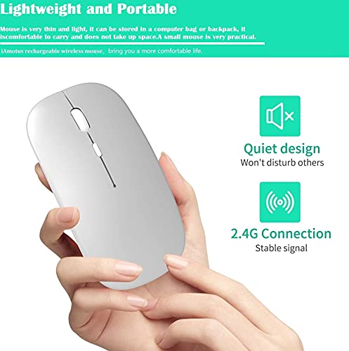 iAmotus Ratón Inalámbrico, Ratón Bluetooth Recargable Silencioso de Dual Modos (Bluetooth 5.1 + 2.4G Wireless), Mouse Ergonómico Ultra Delgado, 3 dpi Ajustables para PC/ Portátil/ Windows/ Linux/ Mac