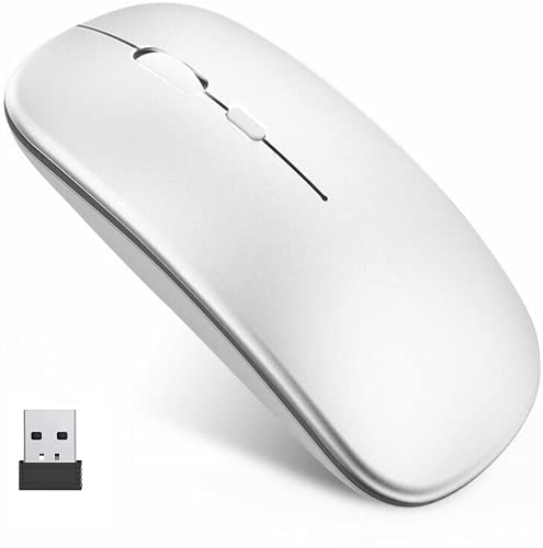 iAmotus Ratón Inalámbrico, Ratón Bluetooth Recargable Silencioso de Dual Modos (Bluetooth 5.1 + 2.4G Wireless), Mouse Ergonómico Ultra Delgado, 3 dpi Ajustables para PC/ Portátil/ Windows/ Linux/ Mac