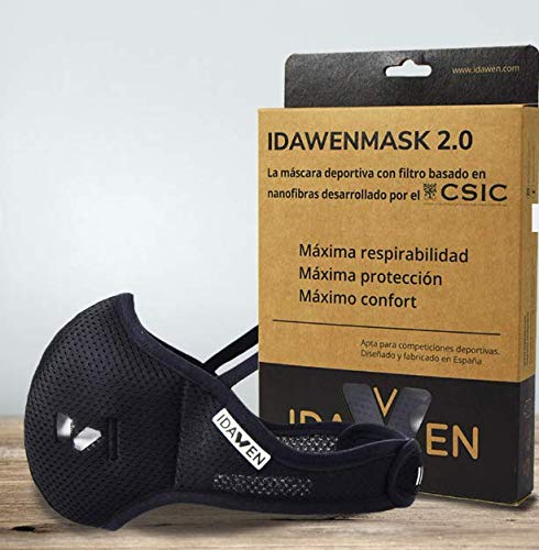 IDAWEN Sport Fashion Mascarilla Deportiva IDAWENMASK 2.0 - con Filtro de Nanofibras del CSIC - Máscara de Deporte de Cierre con Velcro - Mascarilla Lavable - Color Negro - Talla M