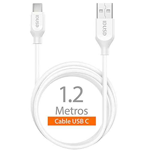 IDUSD Cargador Coche USB 12W Blanco, Adaptador con Doble Puerto USB 2.4A + Cable USB Tipo C 1,2 Metros Compatible: Cámara Deportiva Sansung Huawei Xiaomi Redmi Tablet Pixel